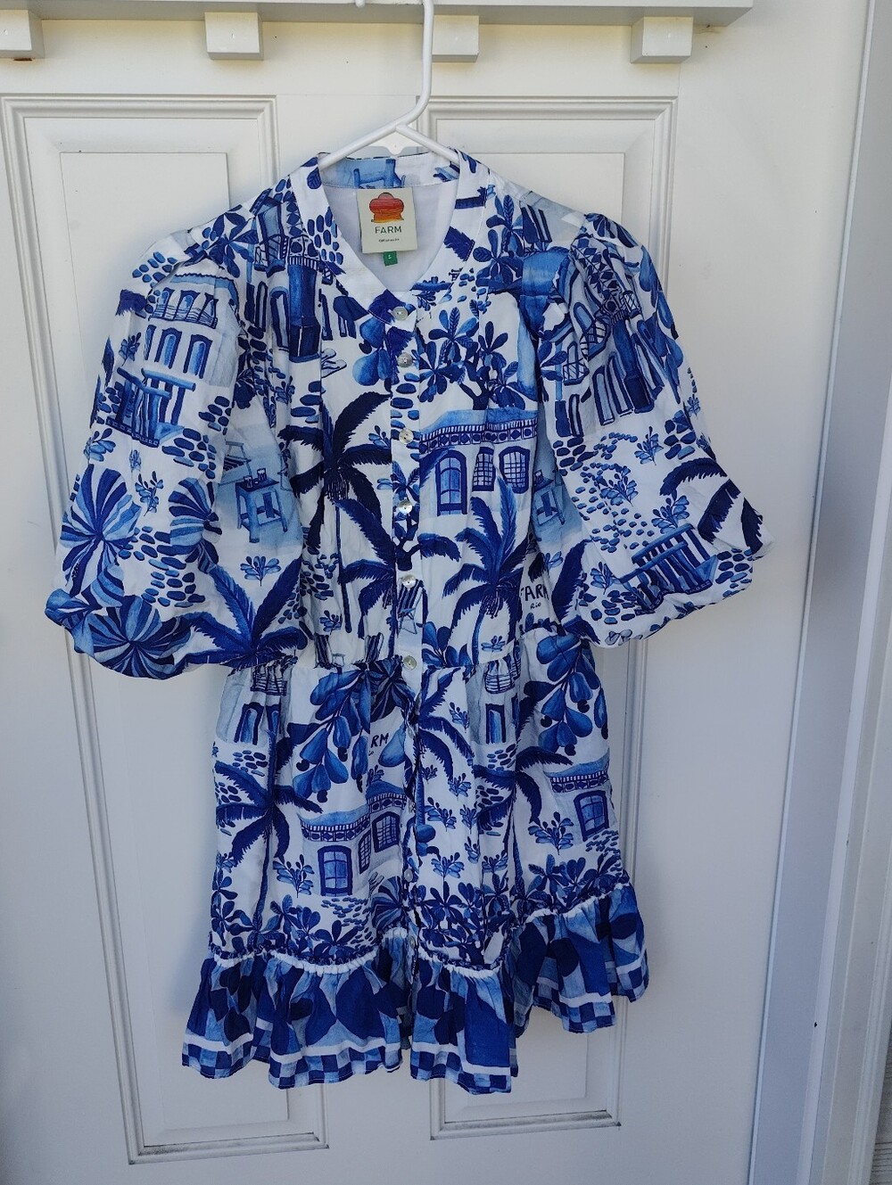 Farm Rio Sweet Rio Mini Dress Blue White Print Size L Puff Sleeve (No Belt)